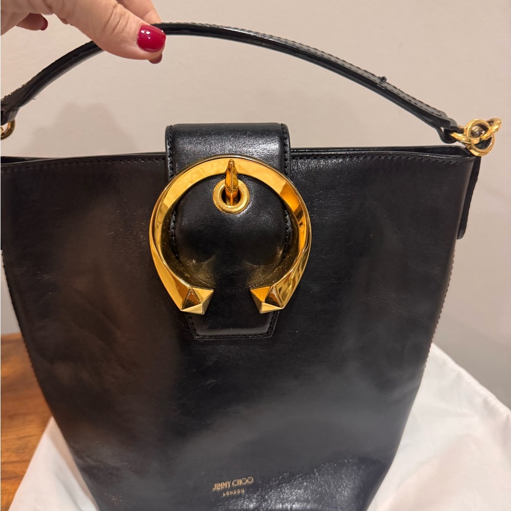 Jimmy Choo Madeline Black Leather Top-Handle Tote with Gold Horseshoe Hardware